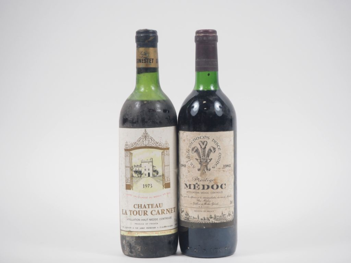 2 BOUTEILLES de MÉDOC : 1 CHÂTEAU LA TOUR CARNET 1973 MEP / 1 PRESTIGE