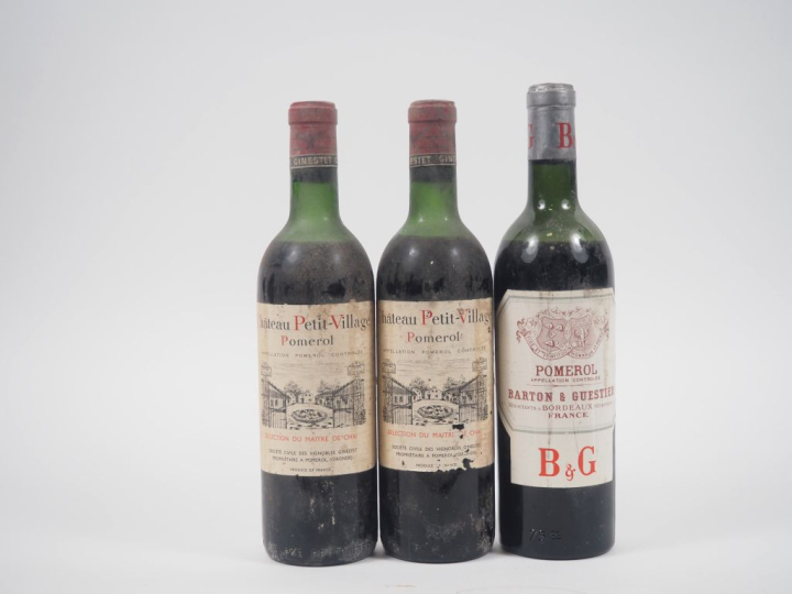 3 BOUTEILLES : 2 CHÂTEAU PETIT VILLAGE POMEROL NM 1 HEP/1 MEP / 1 POME