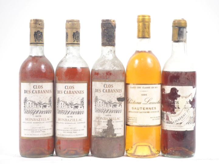 5 BOUTEILLES : 4 CLOS DES CABANNES MONBAZILLAC 1975 BG à VIDANGE - ETA