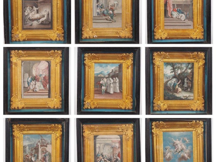 Louis LIOT. "Vie de Saint Bruno". Suite de 9 aquarelles, personnages e