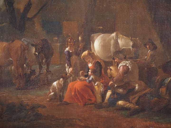 Jan MIEL (Attribué à) "Scène paysanne devant une ferme". Huile sur toi