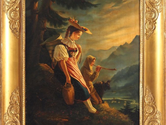 Vente aux enchères Gabriel Ludwig Lory ? Maison Alphonse Giroux. "Pastorale dans un paysa