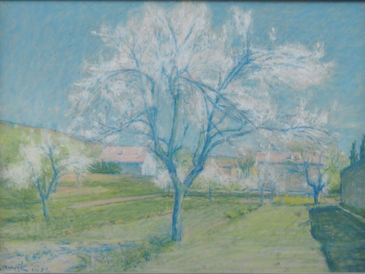 Achille LAUGE.  "Verger en fleurs à Alet les Bains, Aude" Pastel, sign