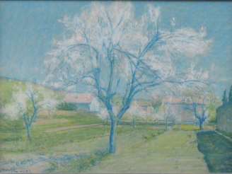 Vente aux enchères Achille LAUGE.  "Verger en fleurs à Alet les Bains, Aude" Pastel, sign