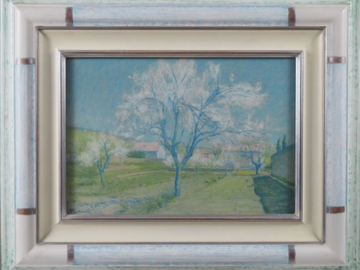 Achille LAUGE.  "Verger en fleurs à Alet les Bains, Aude" Pastel, sign