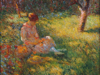 Vente aux enchères Francis MORTON JOHNSON.  "jeune femme cueillant des fleurs" Huile sur 
