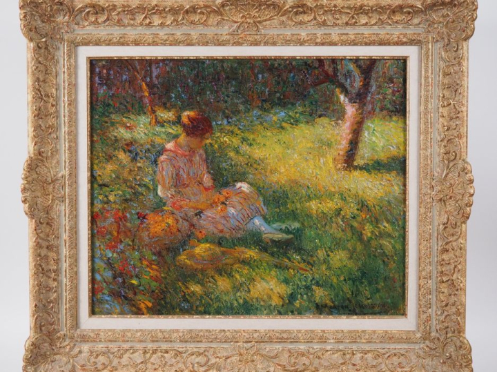 Francis MORTON JOHNSON.  "jeune femme cueillant des fleurs" Huile sur 