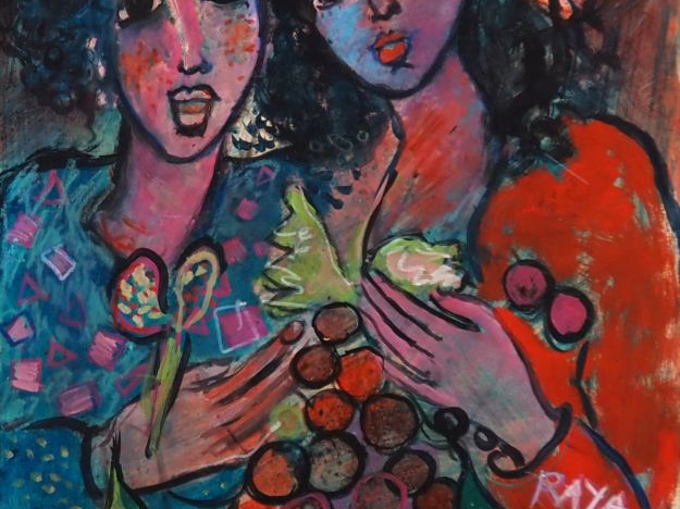 Raya SORKINE.  "Couple à la grappe de raisin" Huile sur carton, signée