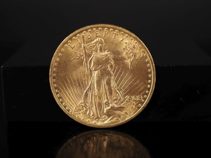 Pièce de 20 Dollars or, 1908. FRAIS ACHETEURS 5% TTC.