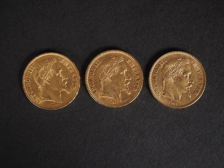 Trois pièces de 20 Francs or, 1863-A, 1866-A et 1868-A. FRAIS ACHETEUR