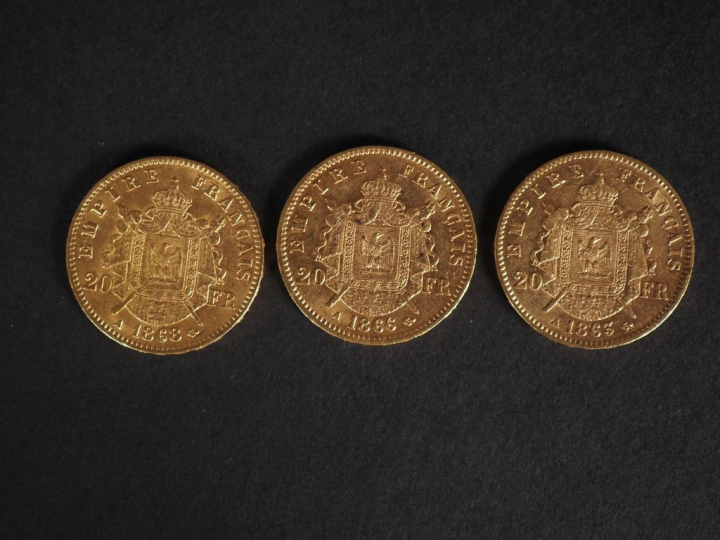 Trois pièces de 20 Francs or, 1863-A, 1866-A et 1868-A. FRAIS ACHETEUR