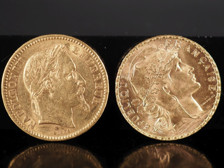 Deux pièces de 20 Francs or, 1865-A et 1905. FRAIS ACHETEURS 10% TTC.