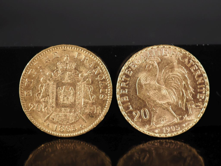 Deux pièces de 20 Francs or, 1865-A et 1905. FRAIS ACHETEURS 10% TTC.