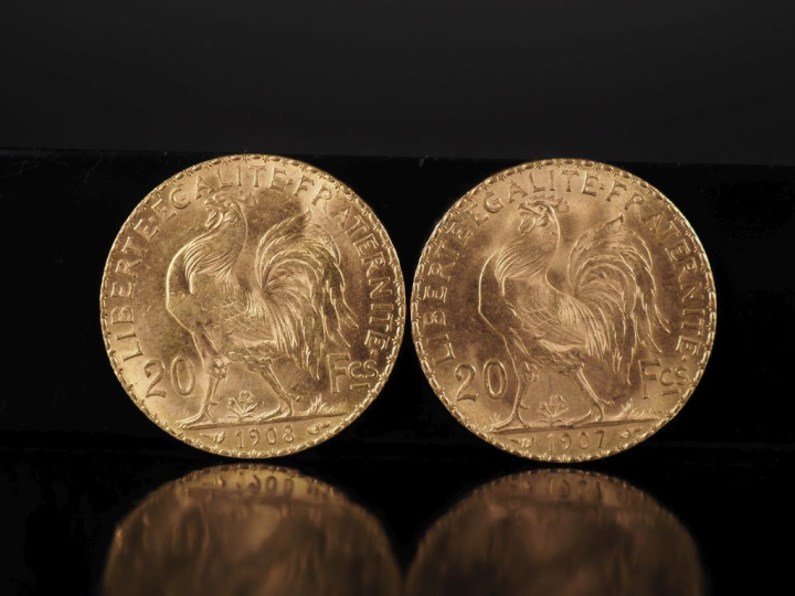 Deux pièces de 20 Francs or, 1907 et 1908.  FRAIS ACHETEURS 10% TTC.