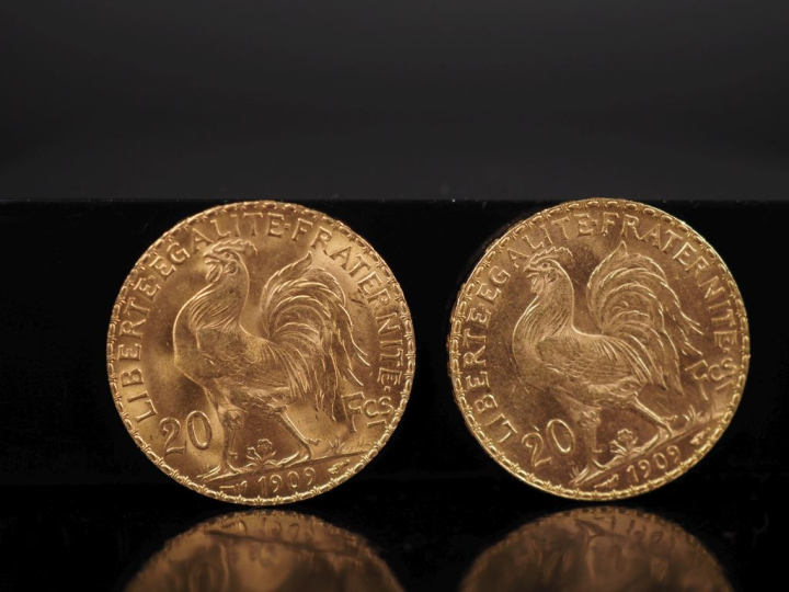 Deux pièces de 20 Francs or, 1909. FRAIS ACHETEURS 10% TTC.