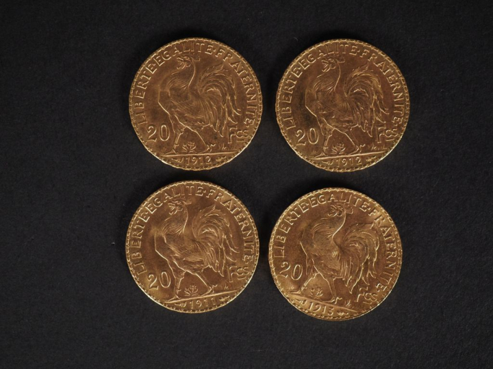 Quatre pièces de 20 Francs or, 1911, 1912 (x2) et 1913. FRAIS ACHETEUR