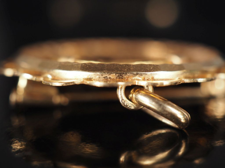 Broche/pendentif en or jaune 750, serti en son centre d'une pièce de 2