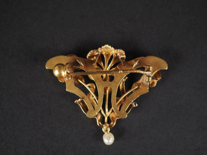 Broche/pendentif de style Art Nouveau en or jaune 750, à décor ajouré 