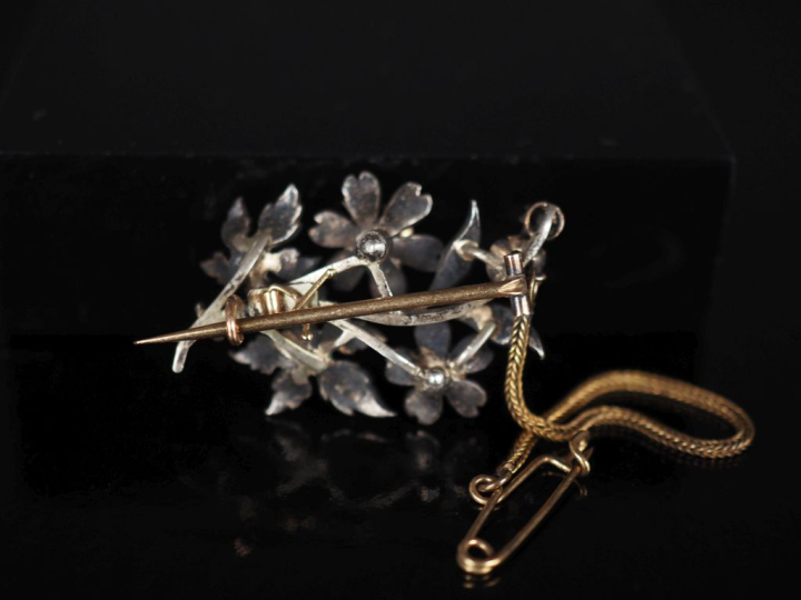 Broche en argent en forme de branchage fleuri, sertie de diamants tail