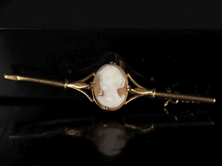 Broche barrette en or jaune 375, sertie en son centre d'un camée figur
