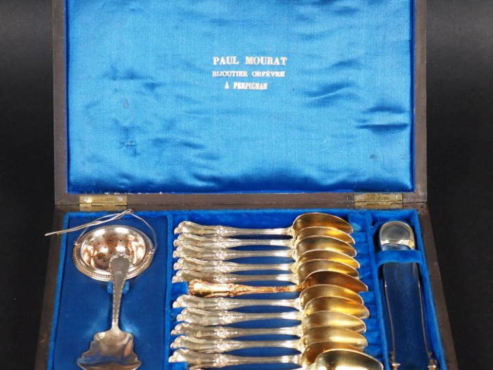 Service à thé de style Louis XV en argent et argent doré 925, poinçon 