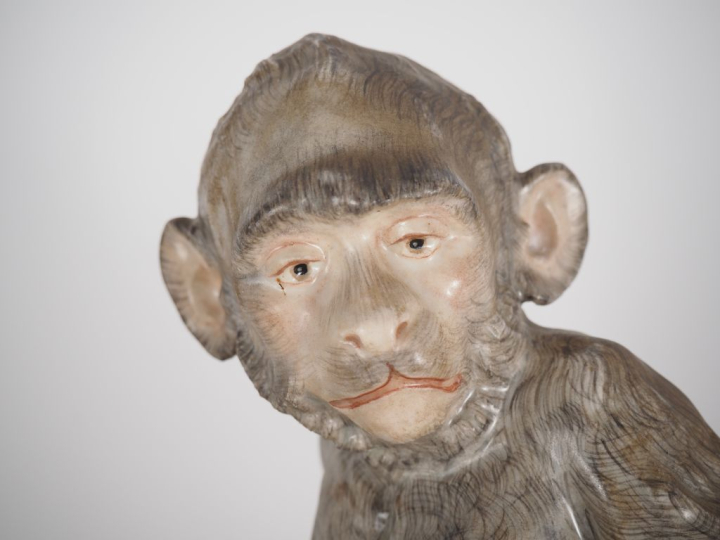 Sujet en porcelaine polychrome de Saxe XIXème "le singe aux fruits".  