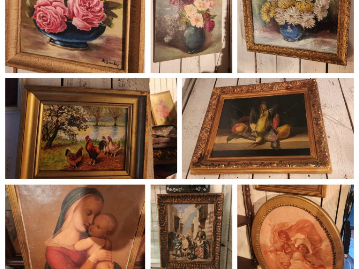 Ensemble d'huiles sur toiles, aquarelles, dessins, gravures ou  reprod