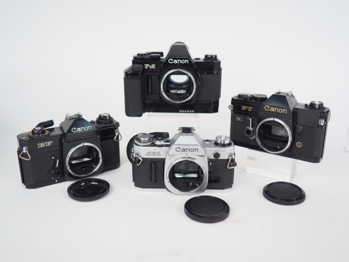 CANON. Lot de quatre appareils photograhiques (sans objectifs) : - AE-