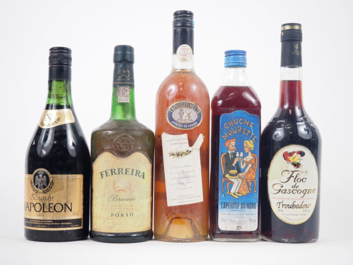 5 BOUTEILLES : 1 BRANDY NAPOLÉON / 1 PORTO FERREIRA BLANC / 1 APÉRITIF
