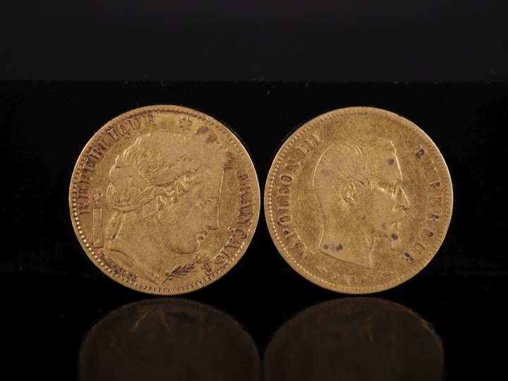 Deux pièces de 10 Francs or, 1851-A et 1855-A.  FRAIS ACHETEURS 10% HT