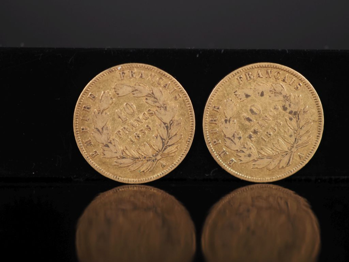 Deux pièces de 10 Francs or, 1858-A et 1858-A.  FRAIS ACHETEURS 10% HT