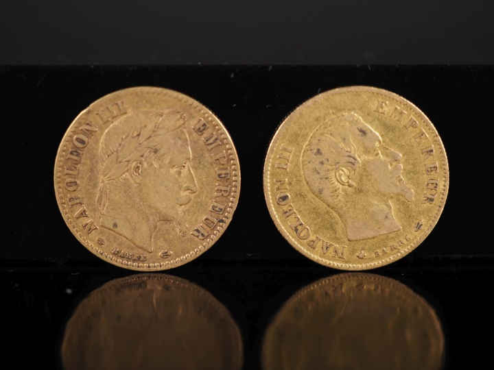 Deux pièces de 10 Francs or, 1860 et 1862-A. FRAIS ACHETEURS 10% HT.