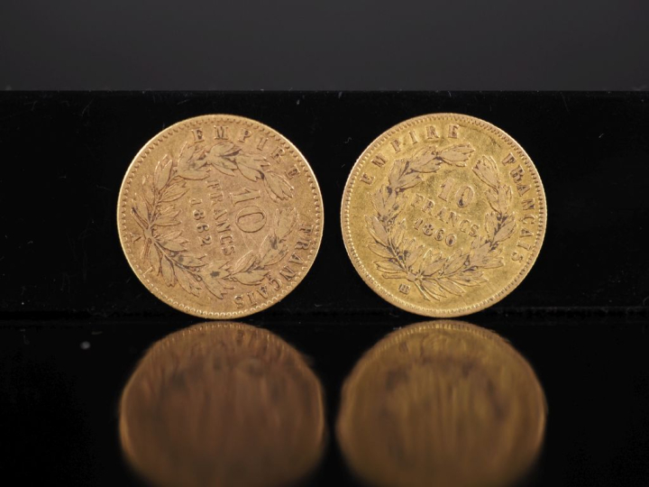 Deux pièces de 10 Francs or, 1860 et 1862-A. FRAIS ACHETEURS 10% HT.