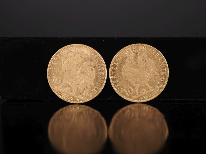 Deux pièces de 10 Francs or, 1905 et 1906. FRAIS ACHETEURS 10% HT.