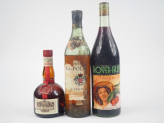 Vente aux enchères 3 BOUTEILLES : 1 COGNAC PRINCE H. DE POLIGNAC NIVEAU BAS/EA - 1 GUIGNO