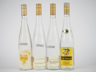 Vente aux enchères 4 BOUTEILLES : 1 MIRABELLE D'ALSACE / 1 EAU DE VIE DE COING/ 1 MARC D'