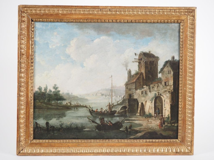 Ecole française fin XVIIIème début XIXème.  "Ville animée en bordure d