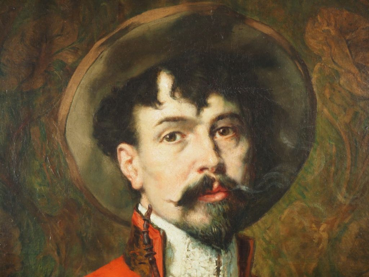 F. ROYBET. "autoportrait à la veste rouge" Huile sur toile, signée en 