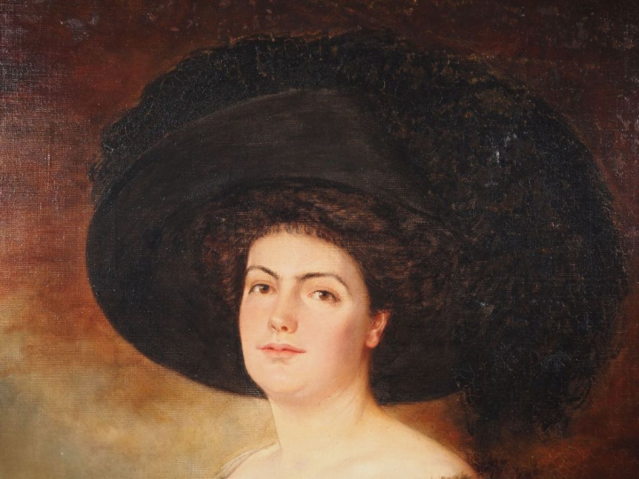 Ernest V. BISSON.  "portrait d'élégante au chapeau noir et à l'éventai