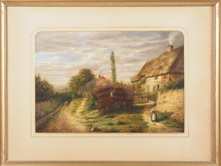 RM. VEAL. Ecole française.  "paysans devant leur chaumière" Huile sur 