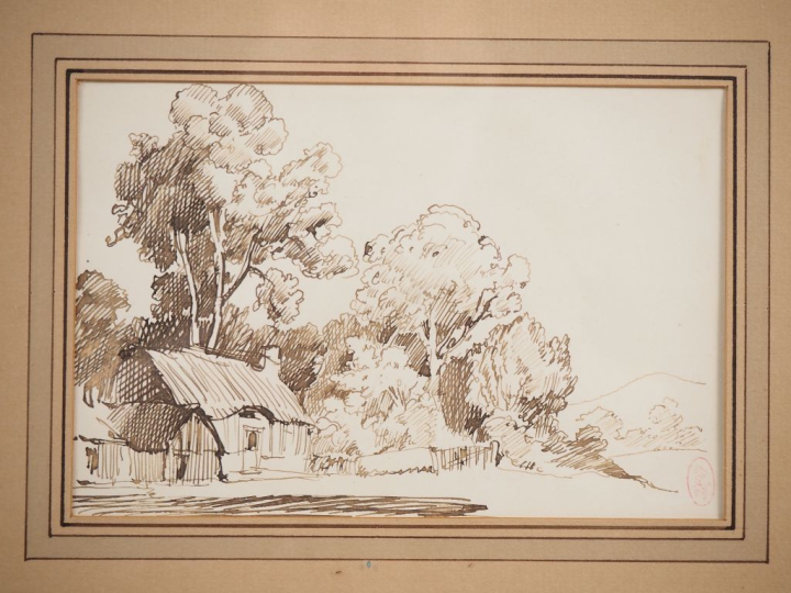 Ecole française fin XIXème.  Paire de dessins dans un même encadrement