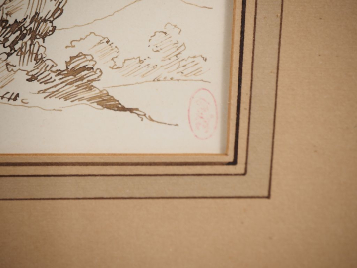 Ecole française fin XIXème.  Paire de dessins dans un même encadrement