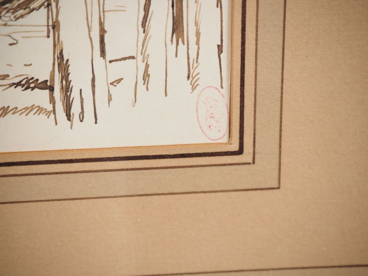 Ecole française fin XIXème.  Paire de dessins dans un même encadrement