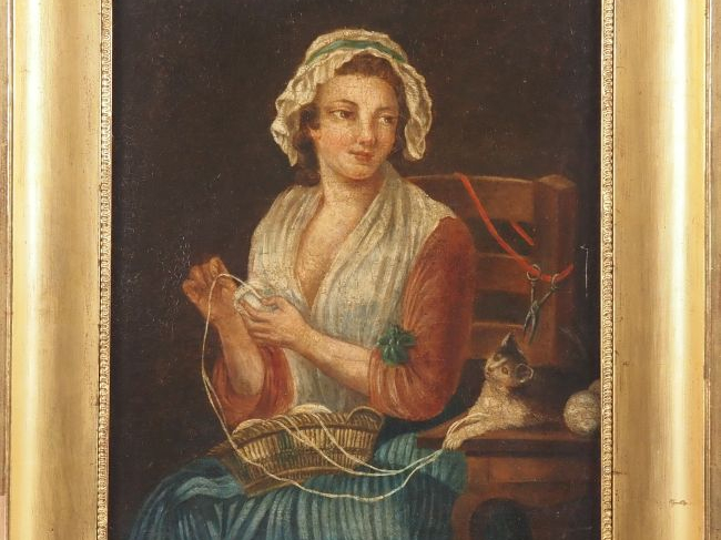 Ecole française XIXème.  "jeune couturière au chat" Huile sur carton D