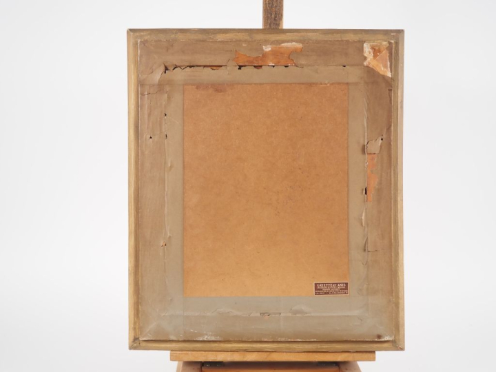 Ecole française XIXème.  "jeune couturière au chat" Huile sur carton D