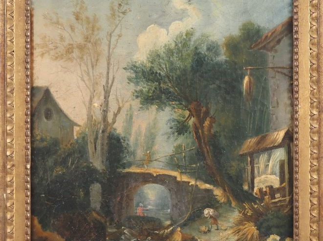 Ecole française XIXème.  "paysage animé à  la rivière" Huile sur toile