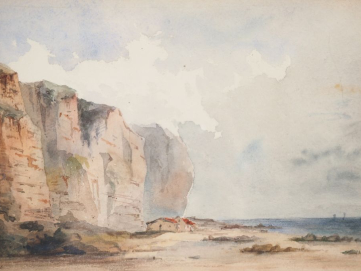 Ecole française XIXème.  "Falaises du pays de Caux" Aquarelle monogram