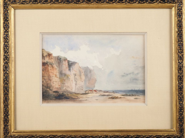 Ecole française XIXème.  "Falaises du pays de Caux" Aquarelle monogram