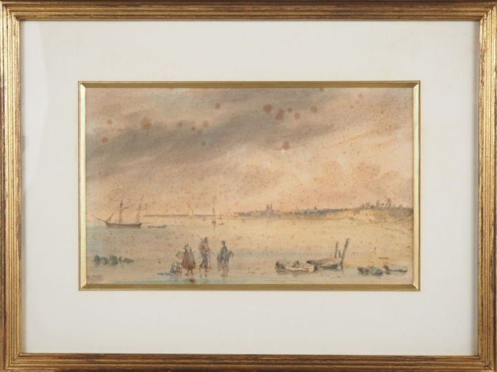 Ecole française XIXème.  "Marine" Paire d'aquarelles, monogrammées en 