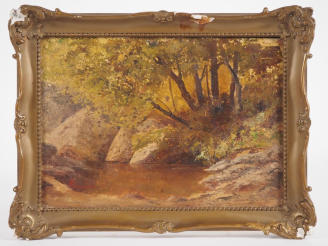 Vente aux enchères Ecole française. "sous bois" Huile sur carton, signée en bas à gauche 